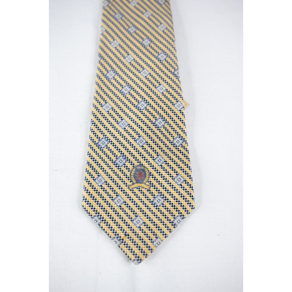 Vintage Tommy Hilfiger Silk Tie Mens Yellow New Geometric Crest Pattern Necktie - Picture 2 of 5